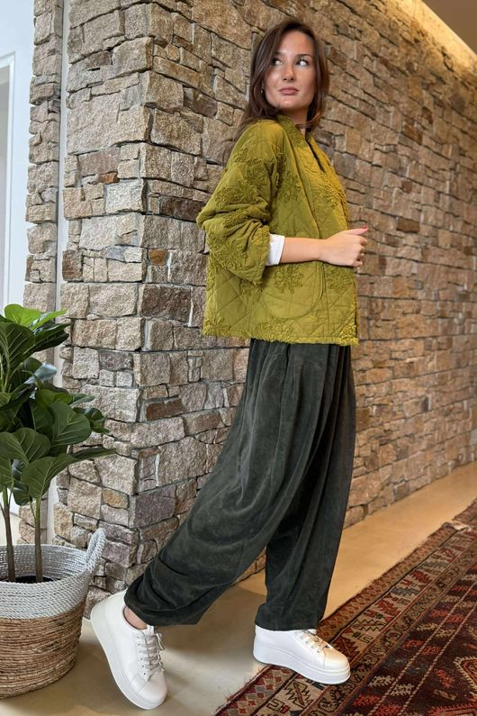 Cabbage Rose Cotton Quilted Jacket Olive
